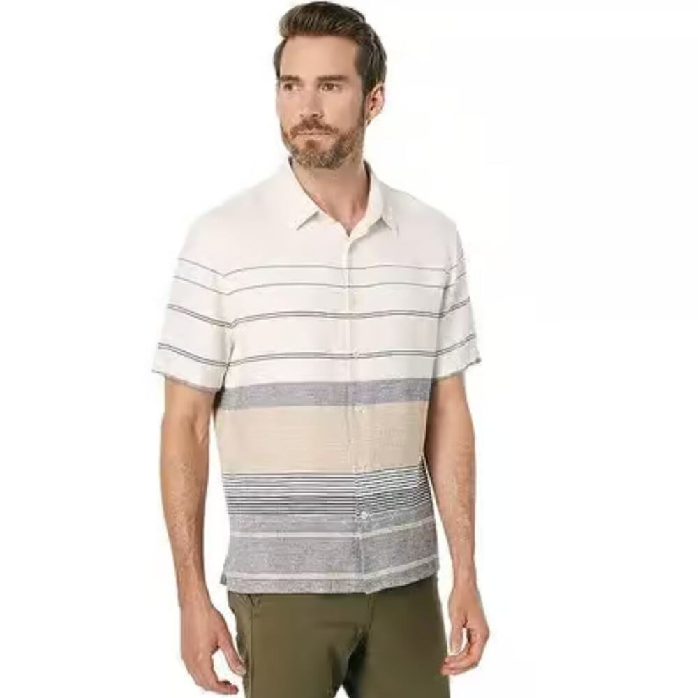 Vince Men's Engineered Stripe Short Sleeve Button Down Shirt White Linen Blend